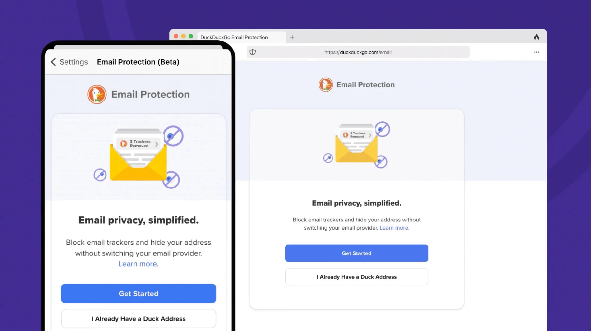 Trang đăng ký dịch vụ bảo vệ email của DuckDuckGo trên cả phiên bản di động và máy tính, cung cấp địa chỉ email @duck.com