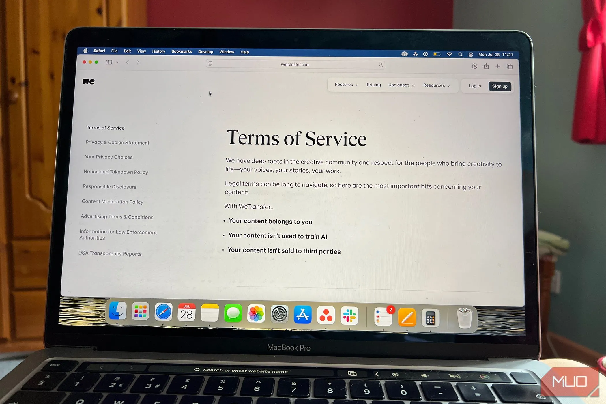 Trang Điều khoản Dịch vụ của WeTransfer sau khi cập nhật tháng 7 năm 2025