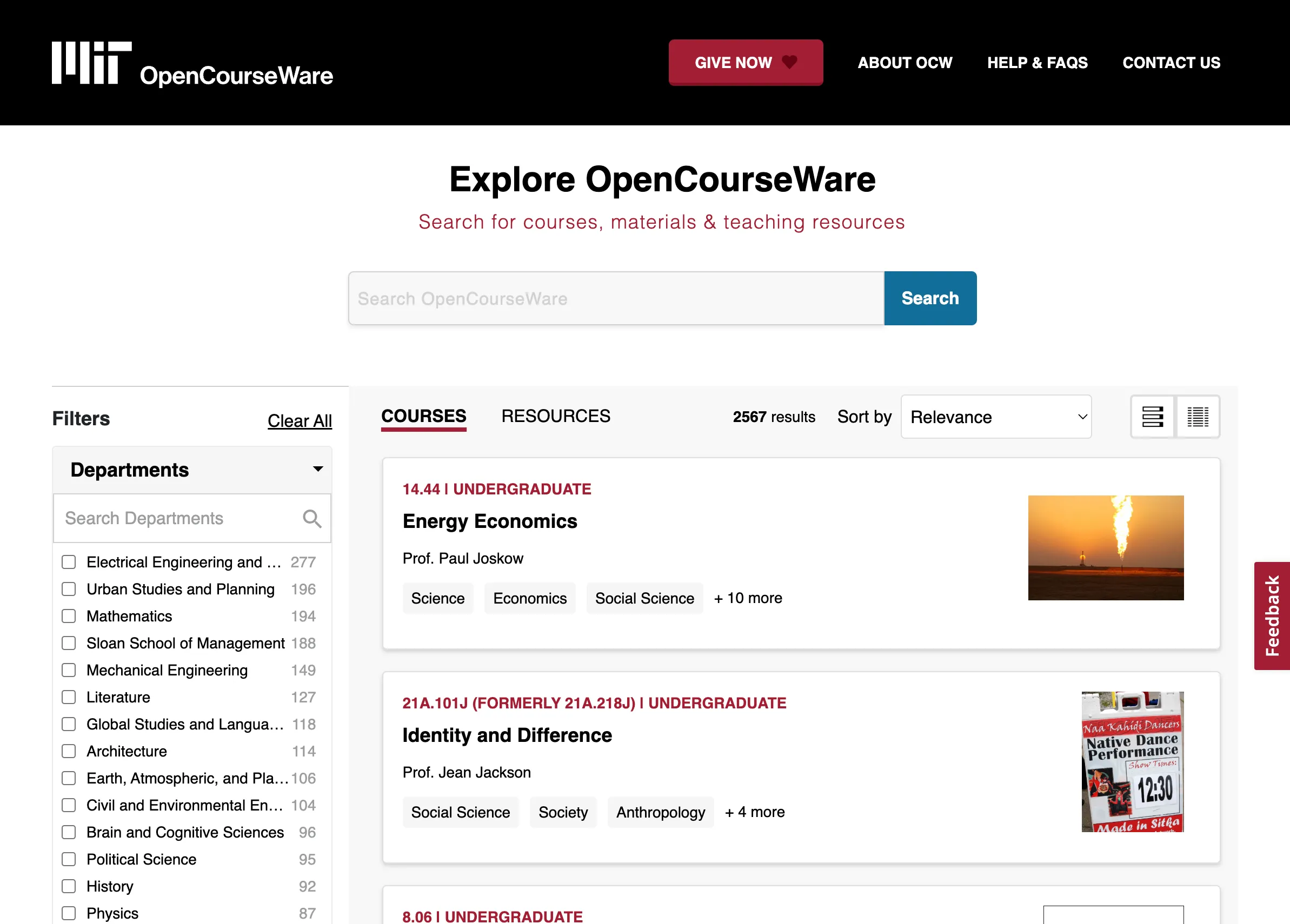 Trang duyệt khóa học trên MIT OpenCourseWare, nền tảng cung cấp tài liệu đại học chất lượng cao miễn phí từ MIT