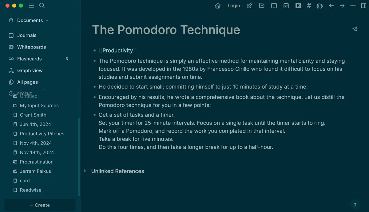 Trang ghi chú về kỹ thuật Pomodoro trong Logseq, thể hiện việc liên kết các ý tưởng trong hệ thống quản lý kiến thức cá nhân