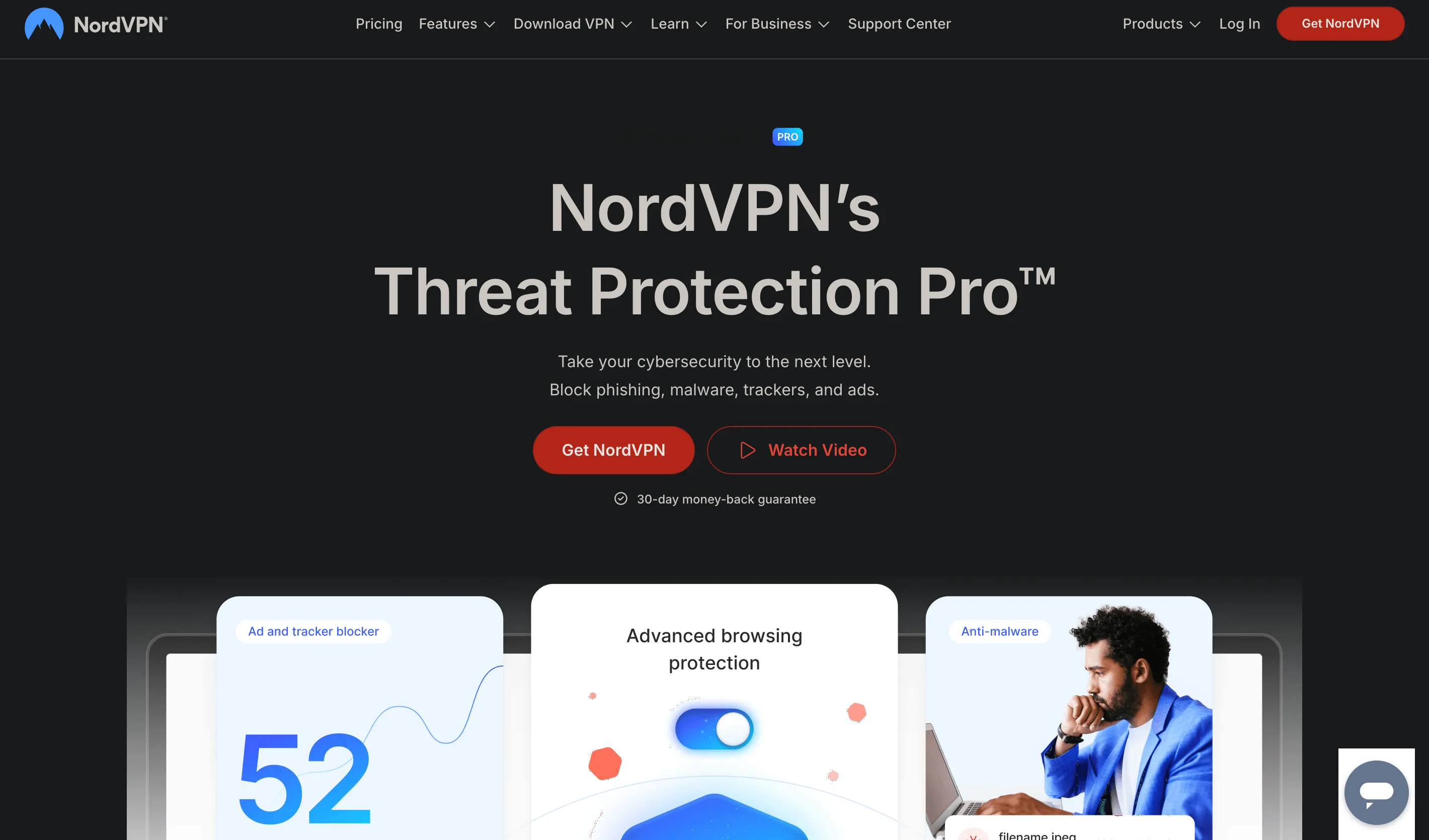 Trang giới thiệu tính năng bảo mật Threat Protection Pro từ NordVPN