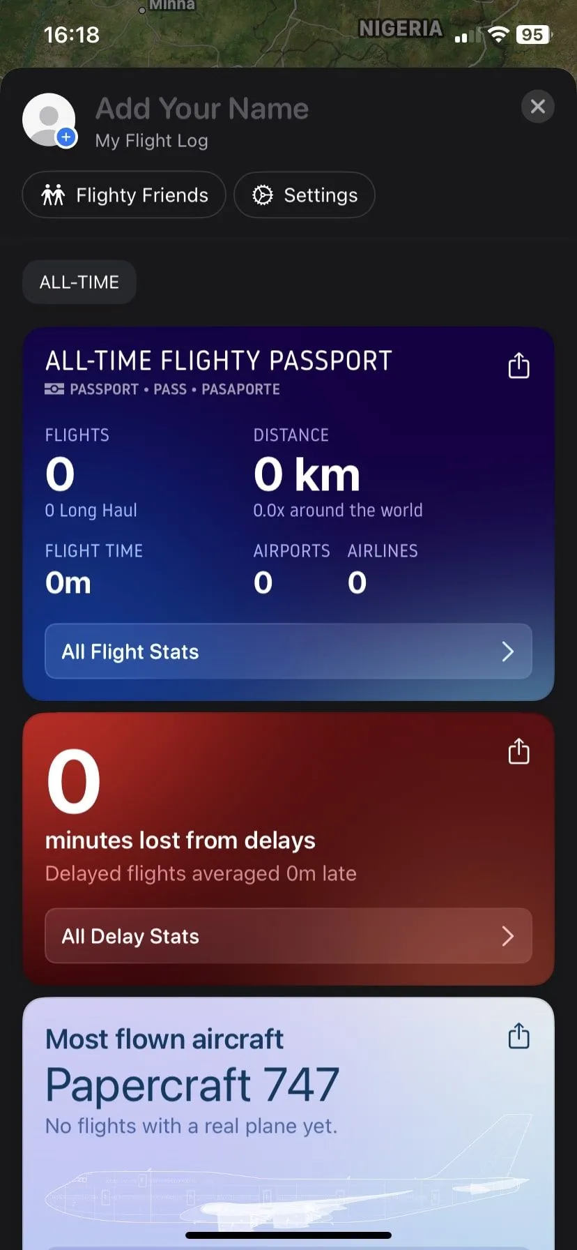 Trang hồ sơ trong ứng dụng Flighty trên iPhone, hiển thị tổng quan về các chuyến bay đã theo dõi và thống kê cá nhân.