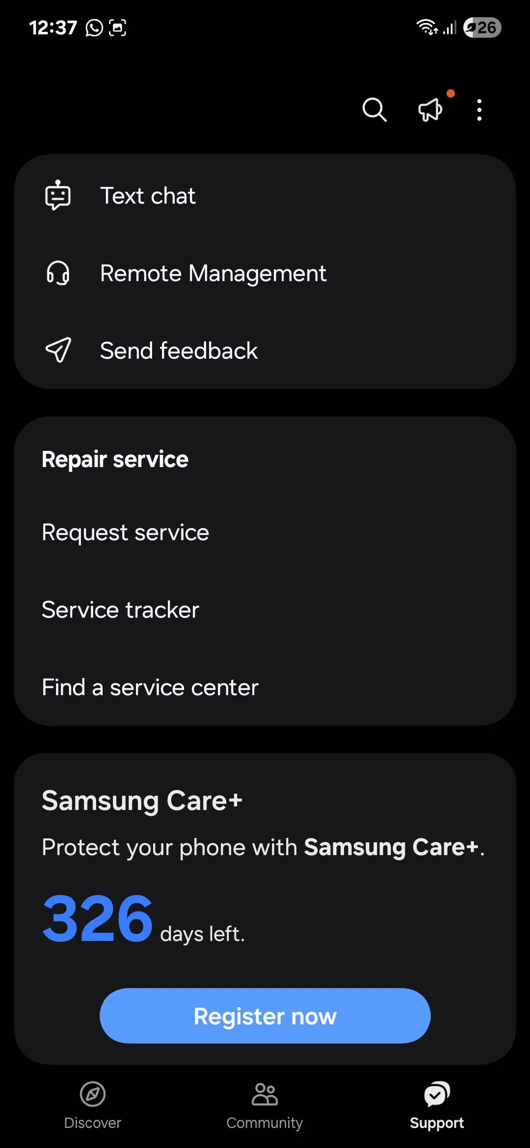 Trang hỗ trợ của ứng dụng Samsung Members với các lựa chọn chẩn đoán thiết bị và yêu cầu sửa chữa
