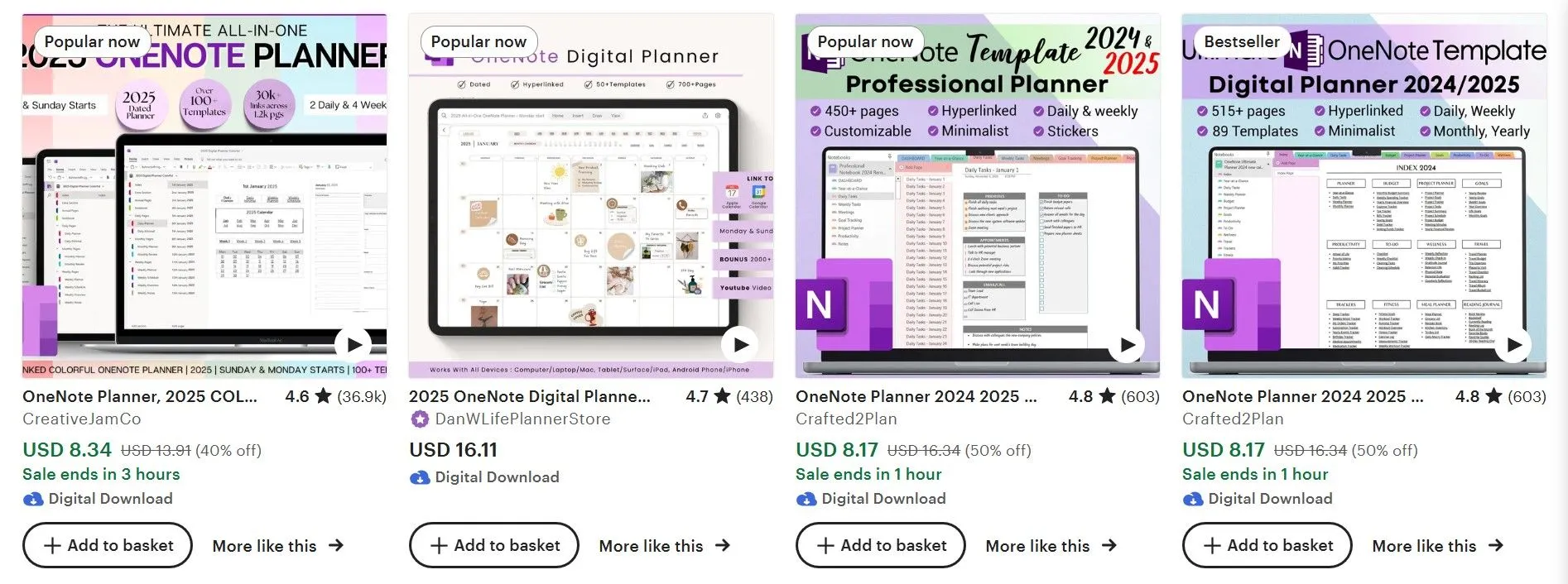 Trang kết quả tìm kiếm trên Etsy hiển thị đa dạng các mẫu template OneNote