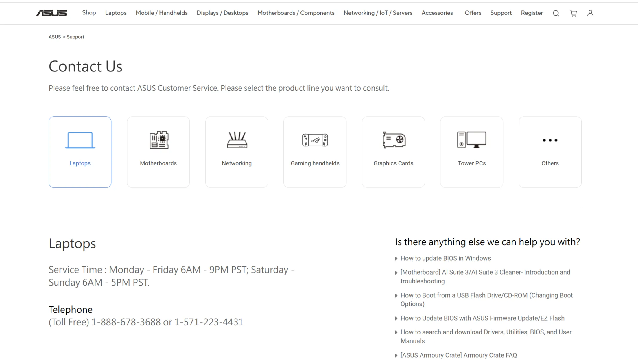 Trang Liên hệ trên website ASUS hiển thị số điện thoại hỗ trợ miễn phí