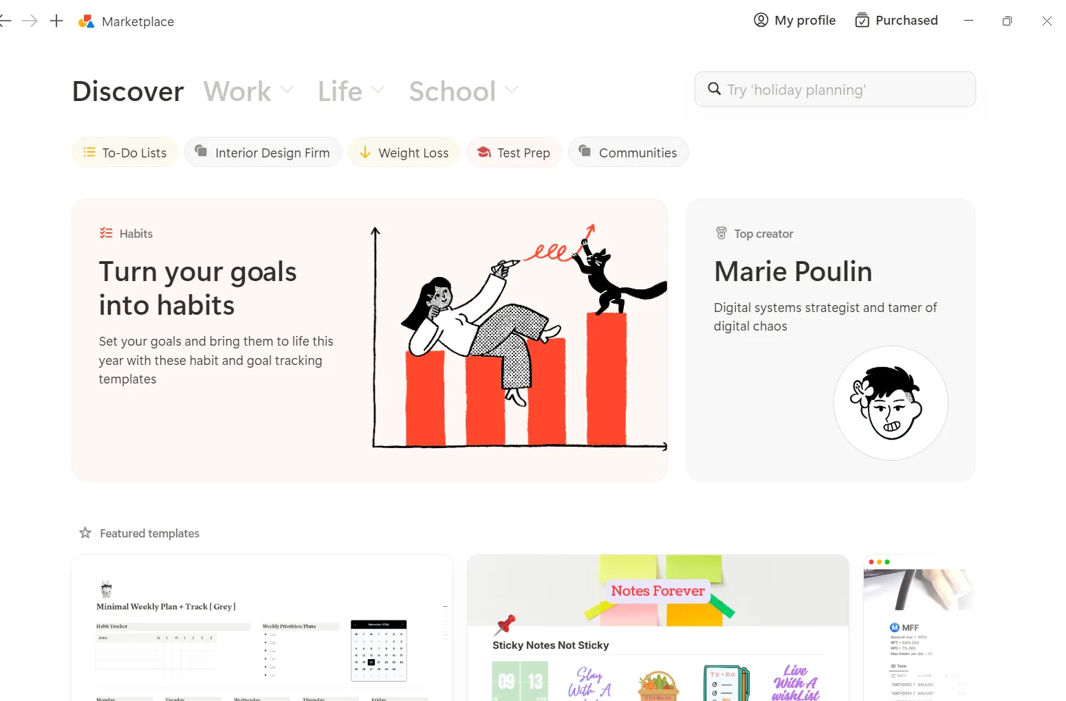 Trang mẫu Notion hiển thị nhiều lựa chọn template đa dạng cho các mục đích khác nhau, bao gồm brainstorming và quản lý ý tưởng.