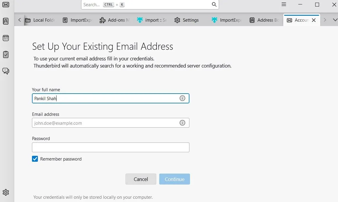 Trang thêm tài khoản email mới trong ứng dụng Thunderbird để tích hợp dịch vụ bên ngoài