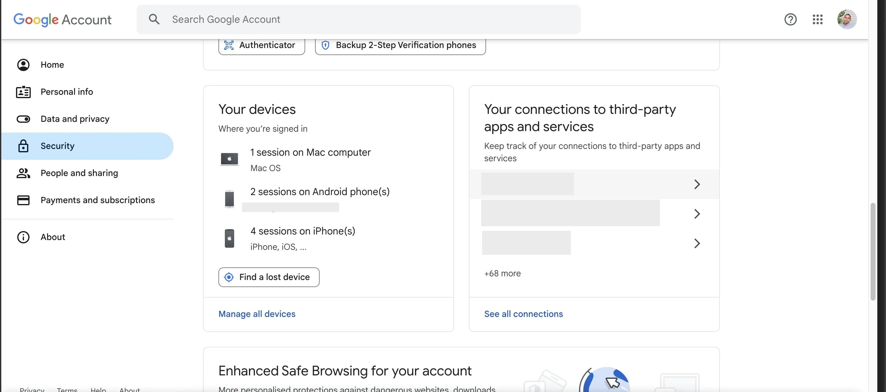 Trang thiết bị đã đăng nhập tài khoản Google, hiển thị các thiết bị đang truy cập