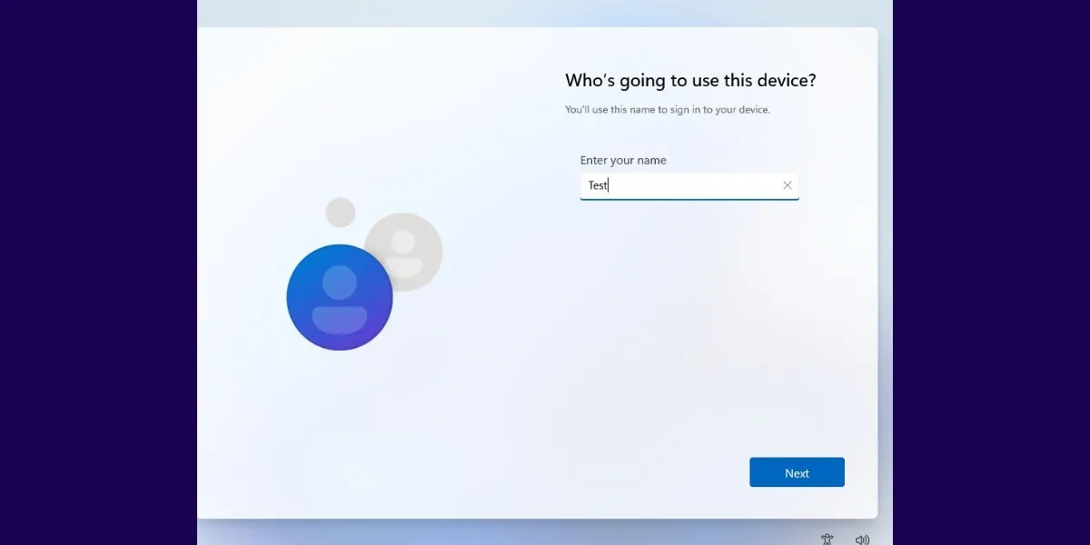 Trang thiết lập ban đầu (OOBE) của Windows 11, hiển thị các tùy chọn tạo tên người dùng và thiết lập câu hỏi bảo mật để hoàn tất quá trình cài đặt.