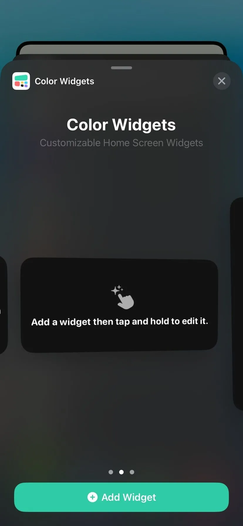 Trang tiện ích iPhone hiển thị widget từ Color Widgets với thiết kế đơn giản, hiển thị thời gian và ngày