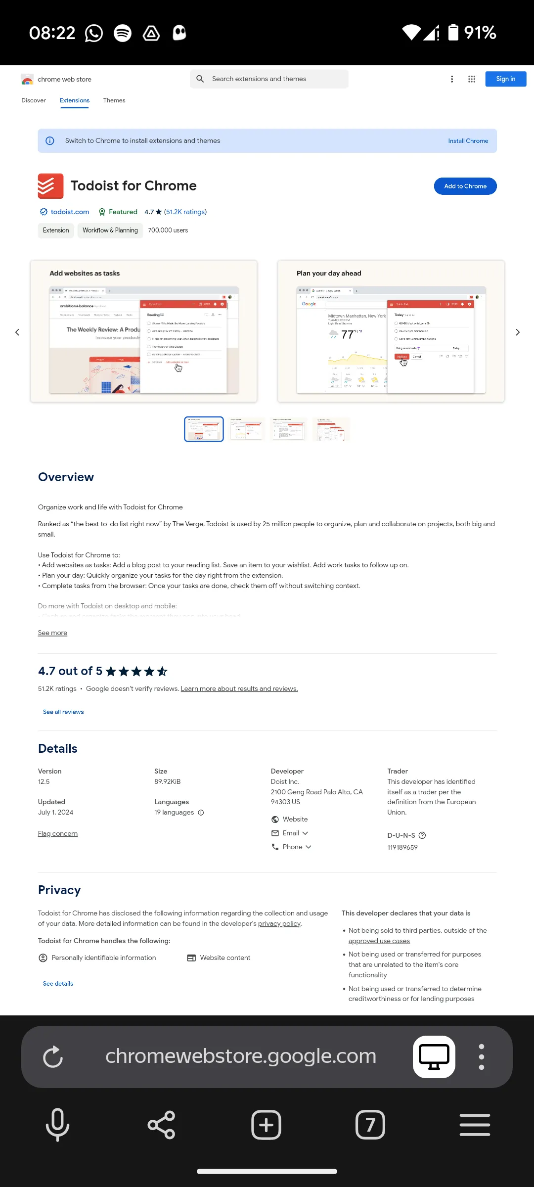 Trang tiện ích Todoist trong Chrome Web Store trên Yandex Browser với nút Thêm vào Chrome