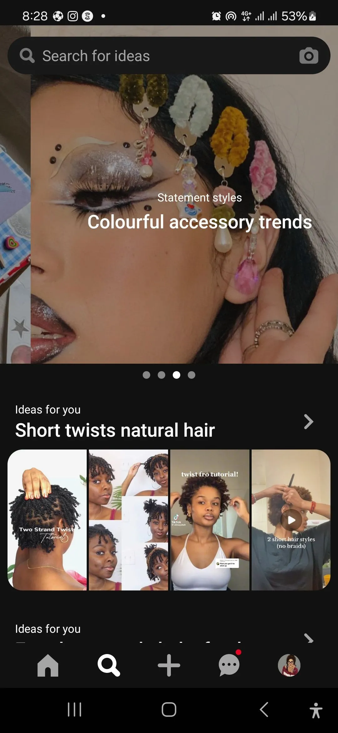 Trang tìm kiếm của ứng dụng Pinterest trên thiết bị di động với biểu tượng camera để quét ảnh