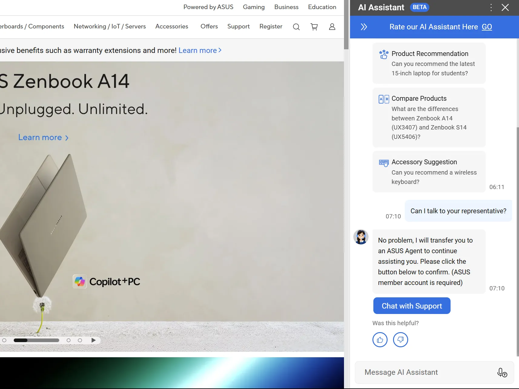 Trang web ASUS với chatbot hỗ trợ AI ở thanh bên và laptop ASUS Zenbook A14