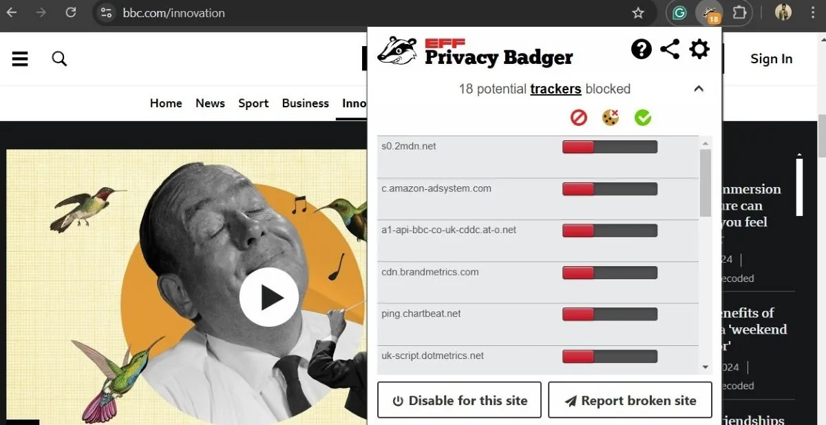Trang web BBC trên Chrome với tiện ích mở rộng Privacy Badger đang hoạt động