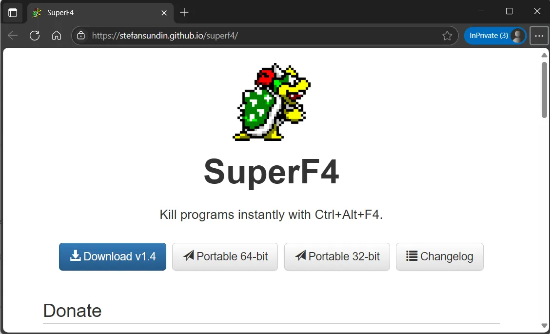 Trang web chính thức của ứng dụng SuperF4 hiển thị trong trình duyệt Microsoft Edge, nơi người dùng có thể tải về