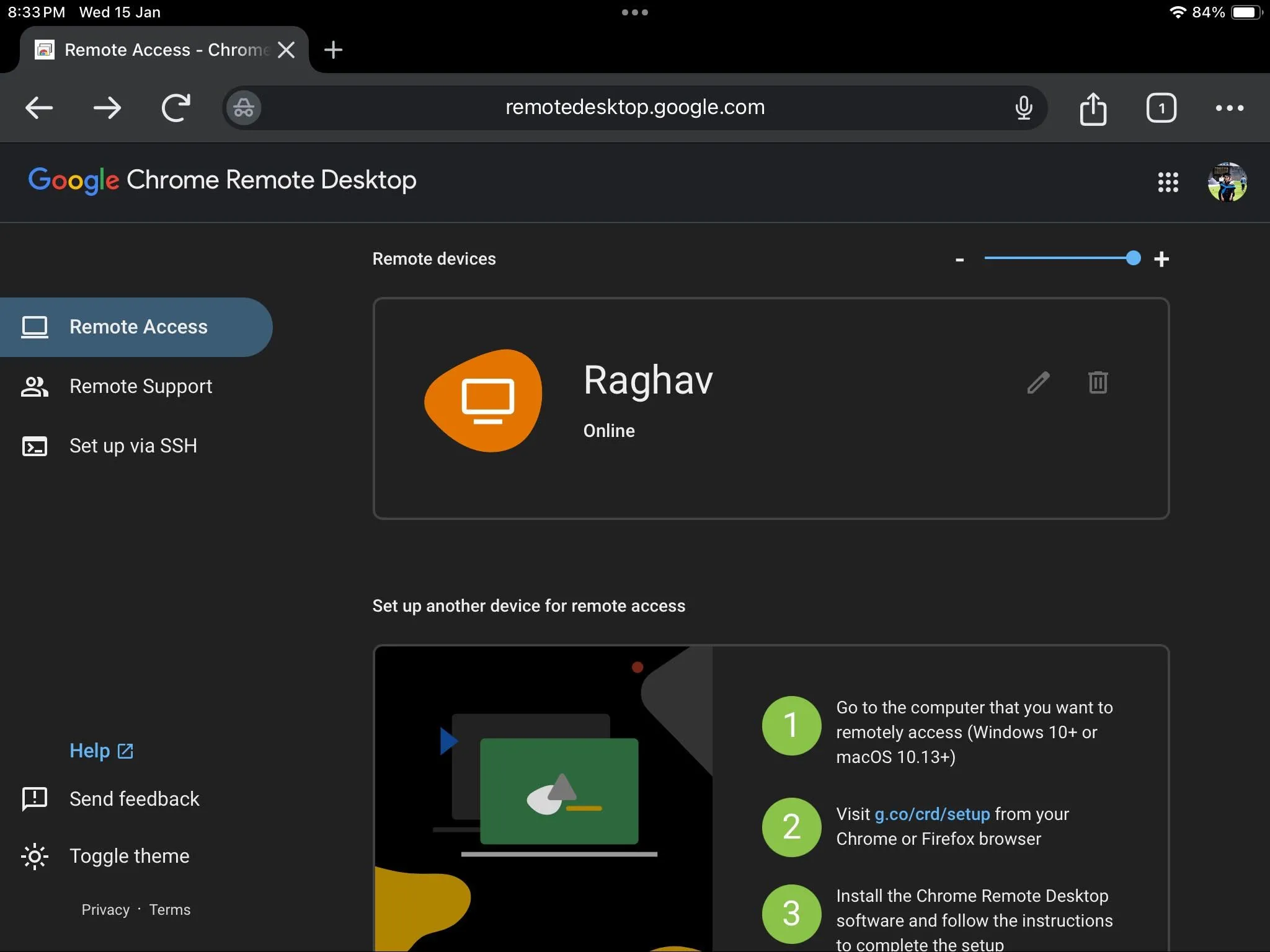 Trang web Chrome Remote Desktop trên iPad hiển thị danh sách các máy tính đã thiết lập sẵn sàng để truy cập từ xa