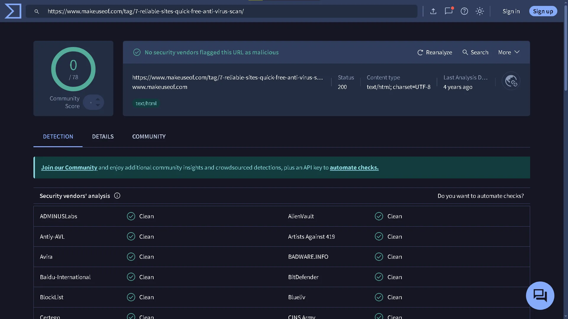 Trang web VirusTotal hiển thị kết quả quét một URL để phát hiện các mối đe dọa tiềm ẩn