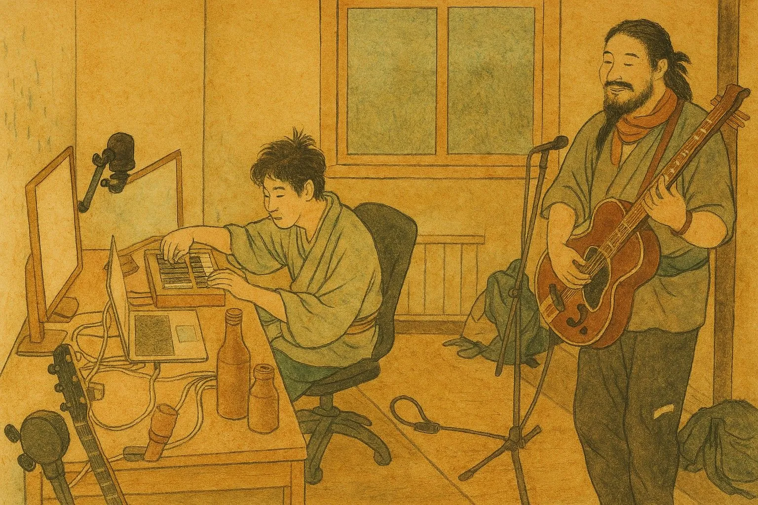 Tranh phong cách Yamato-e từ ảnh hai người đàn ông chơi nhạc cụ