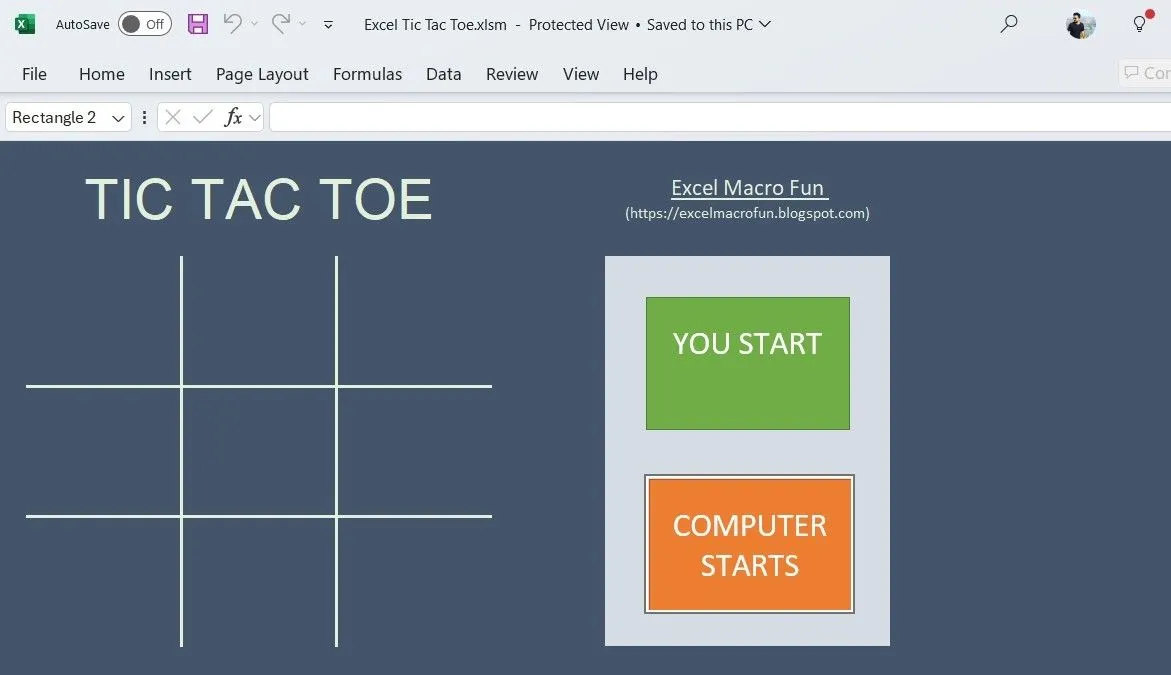 Trò chơi cờ caro Tic Tac Toe được tạo và chơi trên giao diện bảng tính Microsoft Excel