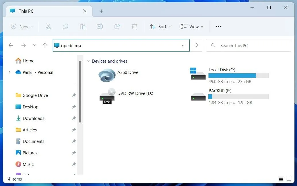 Truy cập Local Group Policy Editor bằng cách nhập lệnh trong File Explorer Windows 11
