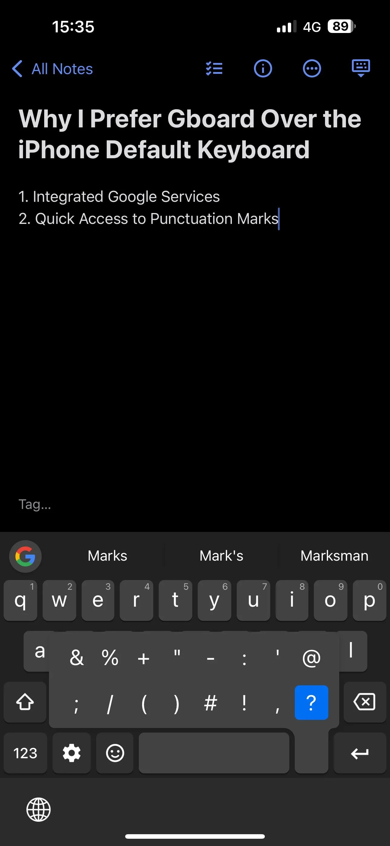 Truy cập nhanh các dấu câu và ký hiệu bằng cách nhấn giữ phím chấm trên Gboard iPhone