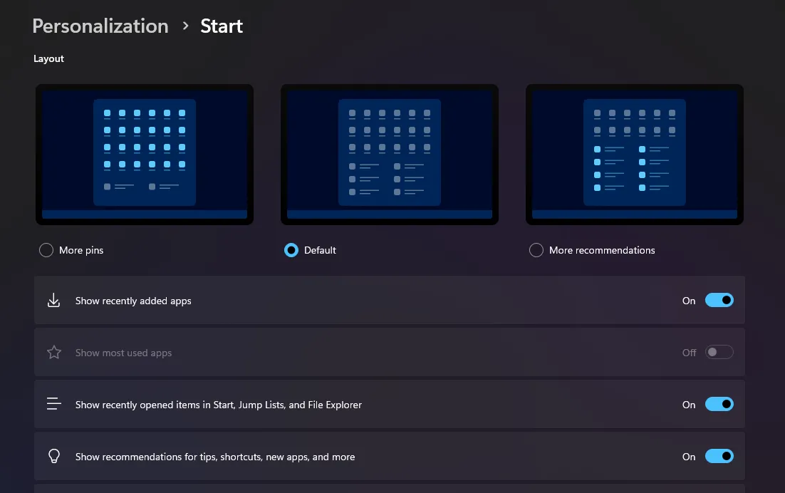 Tùy chỉnh cài đặt Menu Start trong Windows 11, bao gồm bật/tắt gợi ý ứng dụng và hiển thị các mục gần đây.
