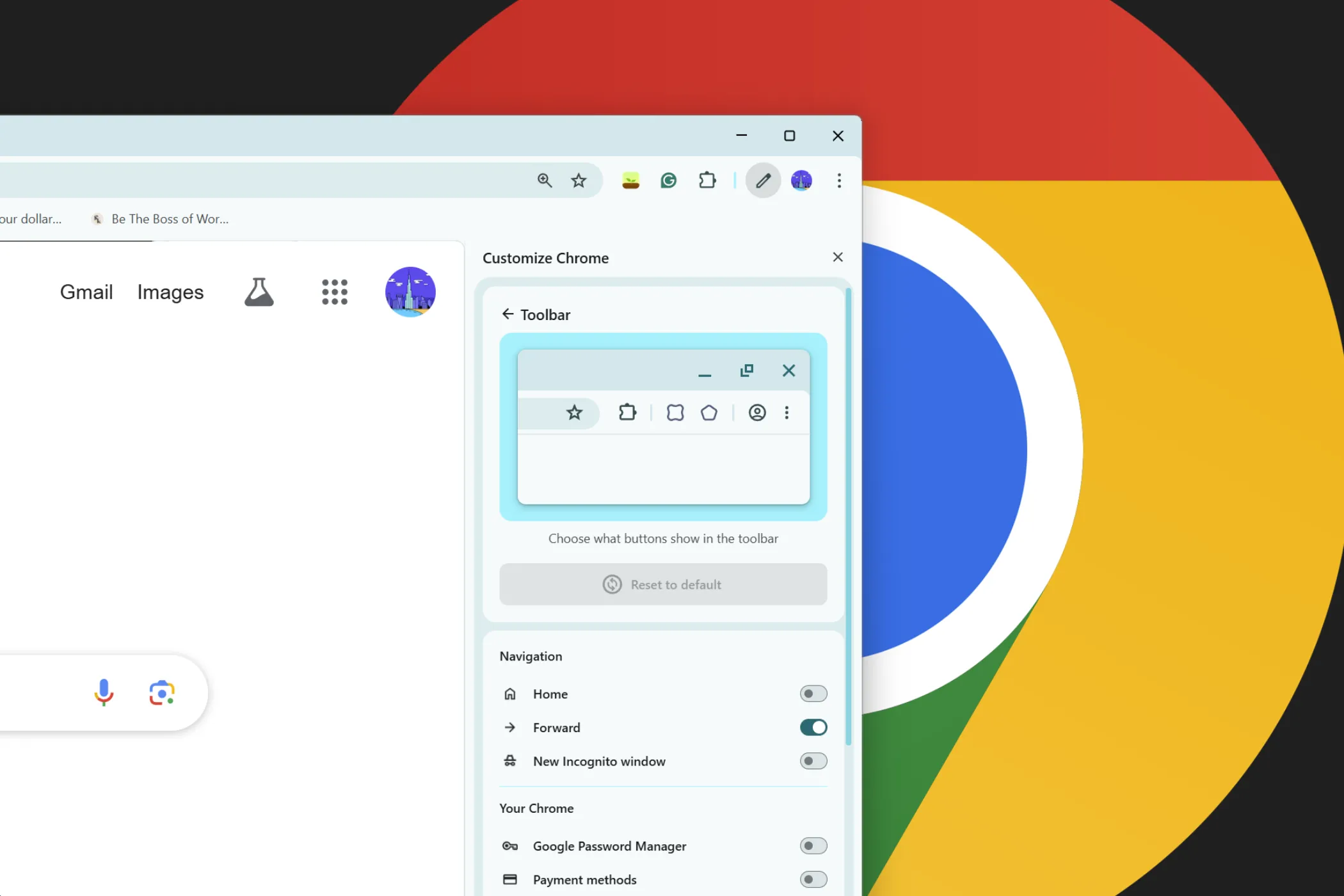 Tùy chỉnh giao diện Chrome từ thanh bên với logo Google Chrome