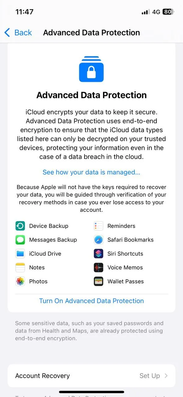 Tùy chọn Bảo vệ Dữ liệu Nâng cao trong cài đặt iCloud trên iPhone