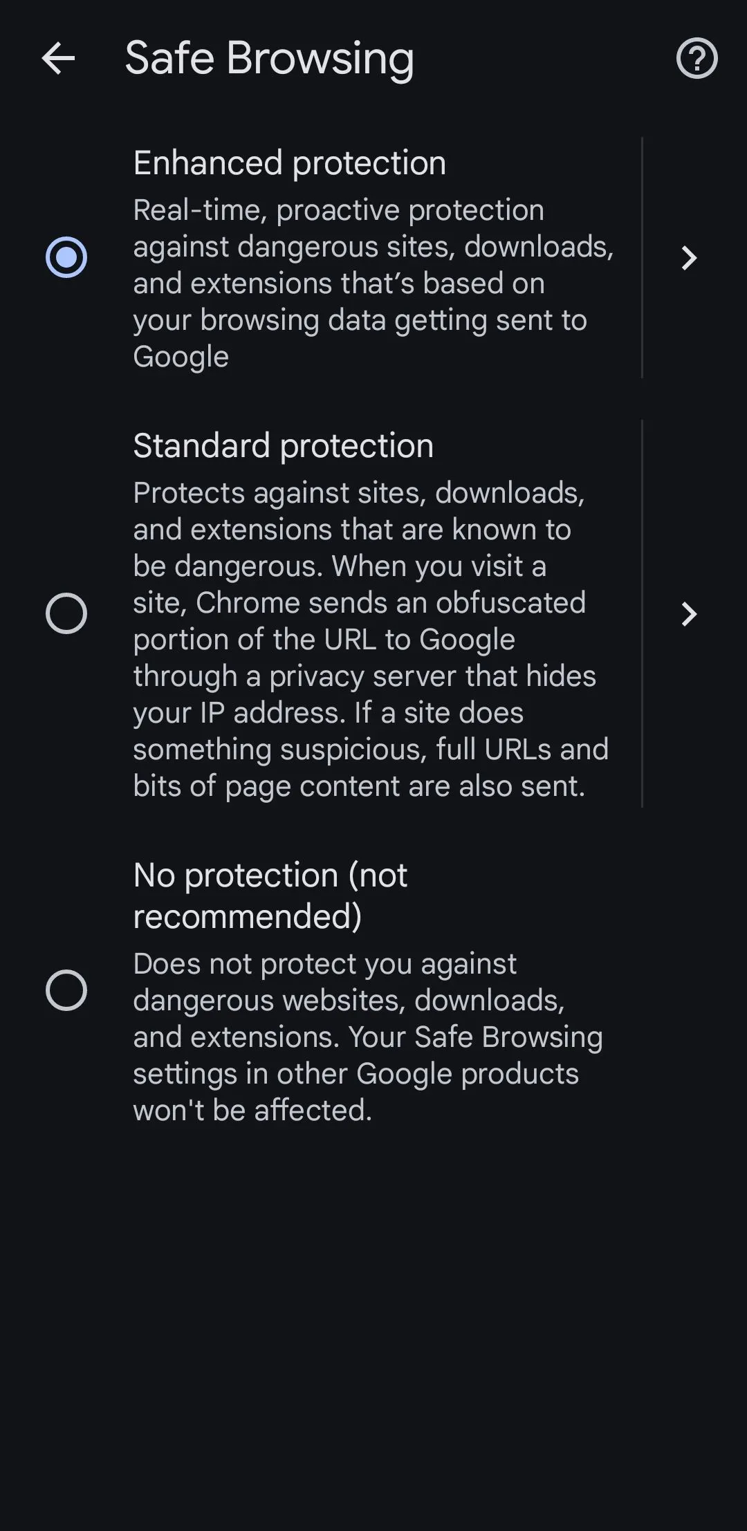 Tùy chọn &quot;Bảo vệ nâng cao&quot; được chọn trong cài đặt Duyệt web an toàn của Google Chrome trên Android, giúp ngăn chặn trang web độc hại và lừa đảo