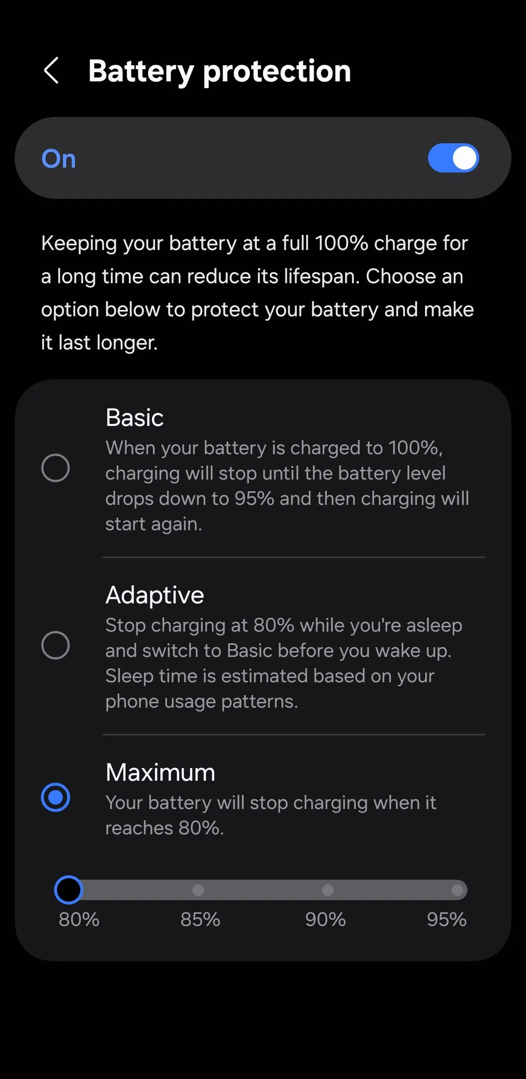 Tùy chọn bảo vệ pin và giới hạn sạc pin trên Samsung One UI 7