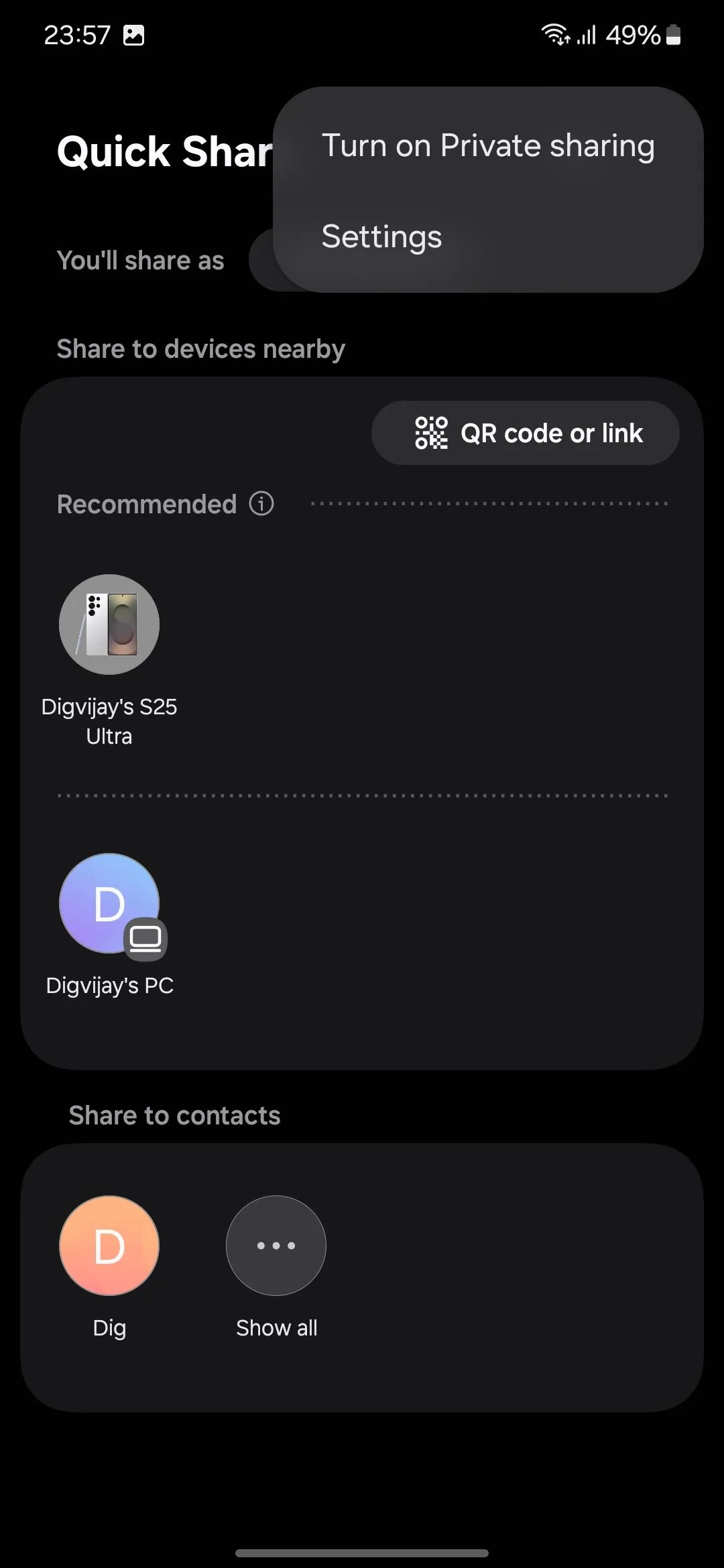 Tùy chọn Bật Chia sẻ riêng tư (Turn on Private sharing) trong menu Quick Share trên Samsung Galaxy.