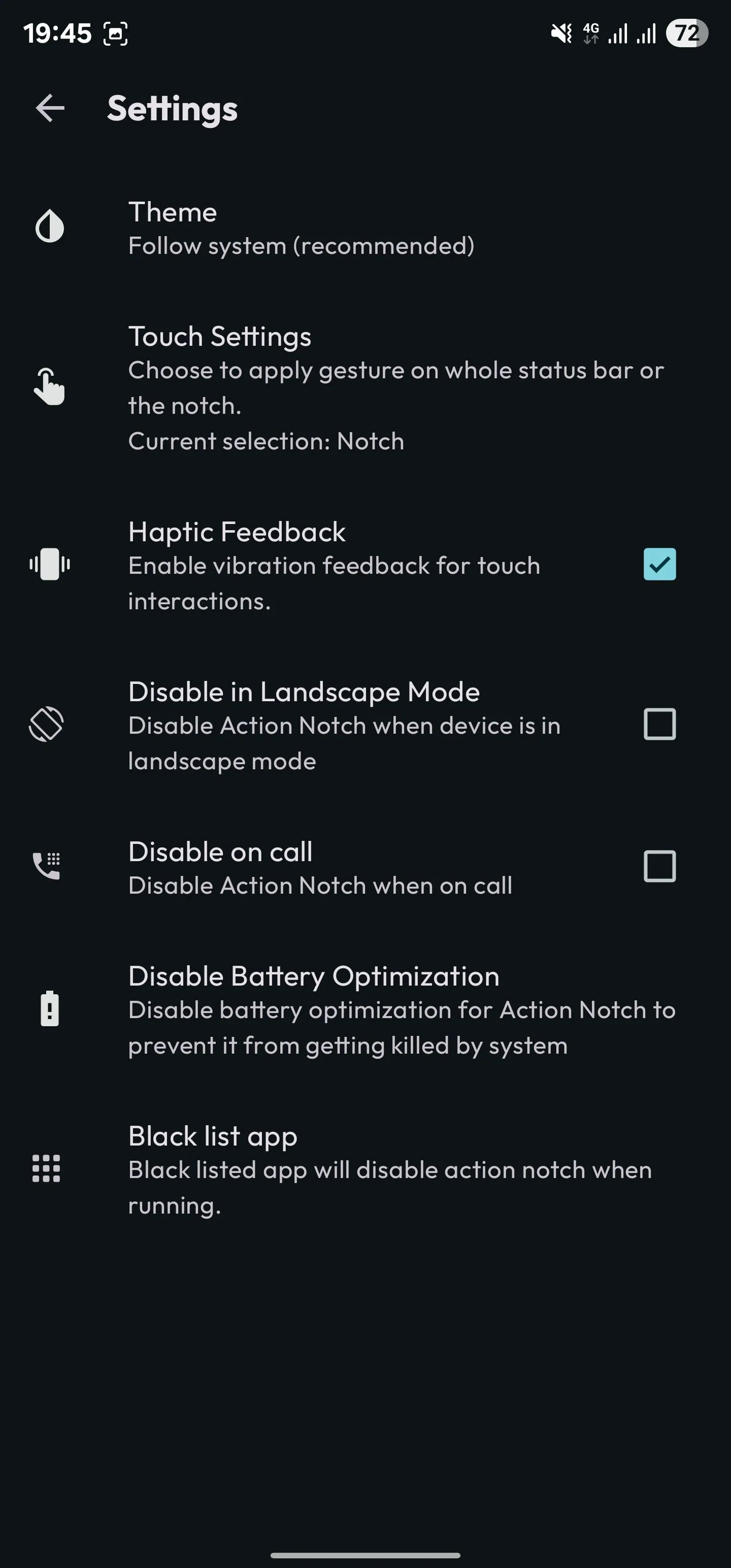 Tùy chọn Bật phản hồi rung (Haptic Feedback) trong cài đặt Action Notch