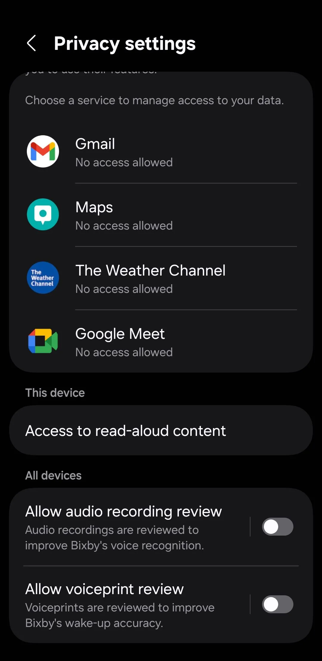 Tùy chọn cài đặt quyền riêng tư trong menu Bixby của điện thoại Samsung