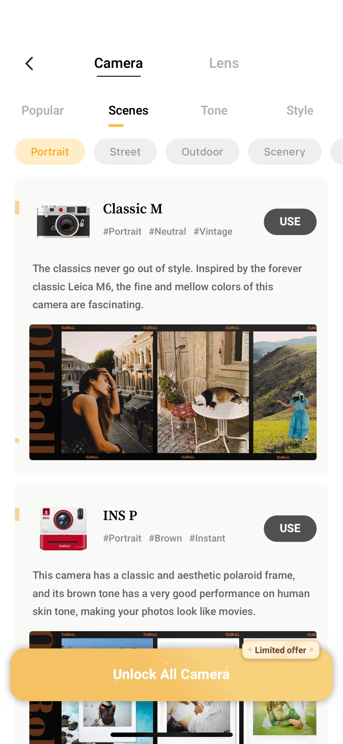 Tùy chọn camera miễn phí và gói OldRoll Pro