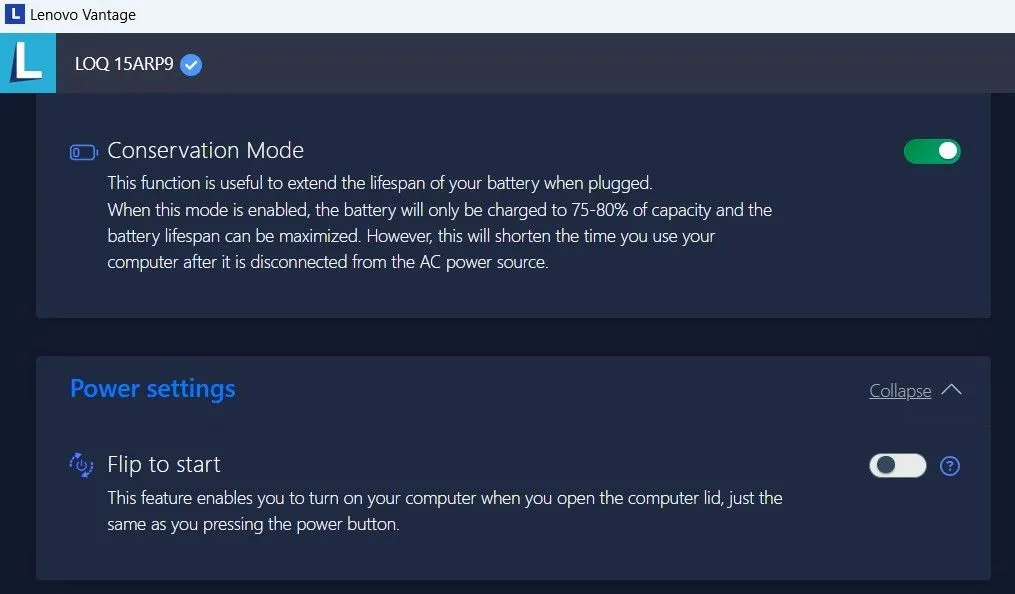 Tùy chọn Chế độ Bảo tồn (Conservation Mode) trong phần mềm Lenovo Vantage để giới hạn sạc pin