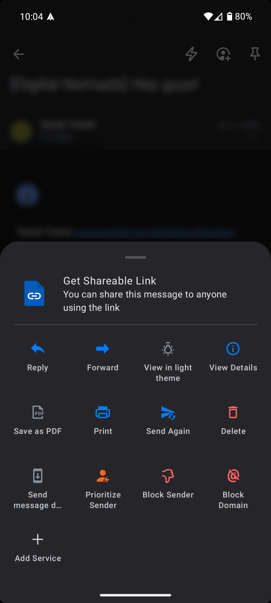 Tùy chọn chia sẻ cuộc trò chuyện email dưới dạng liên kết web trong ứng dụng Spark Mail Android