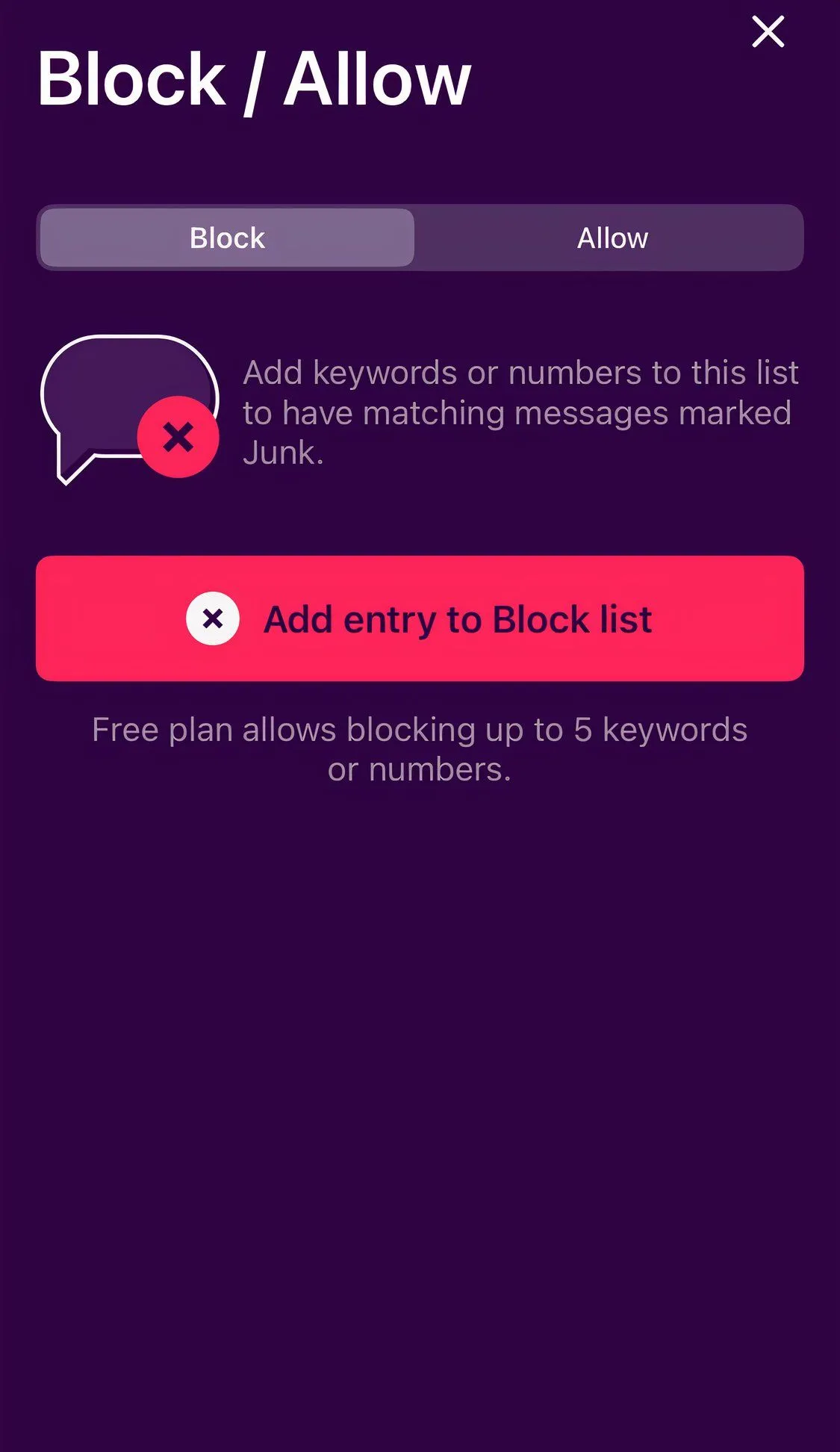 Tùy chọn cho phép hoặc chặn tin nhắn SMS trong cài đặt ứng dụng TextKiller giúp người dùng kiểm soát spam