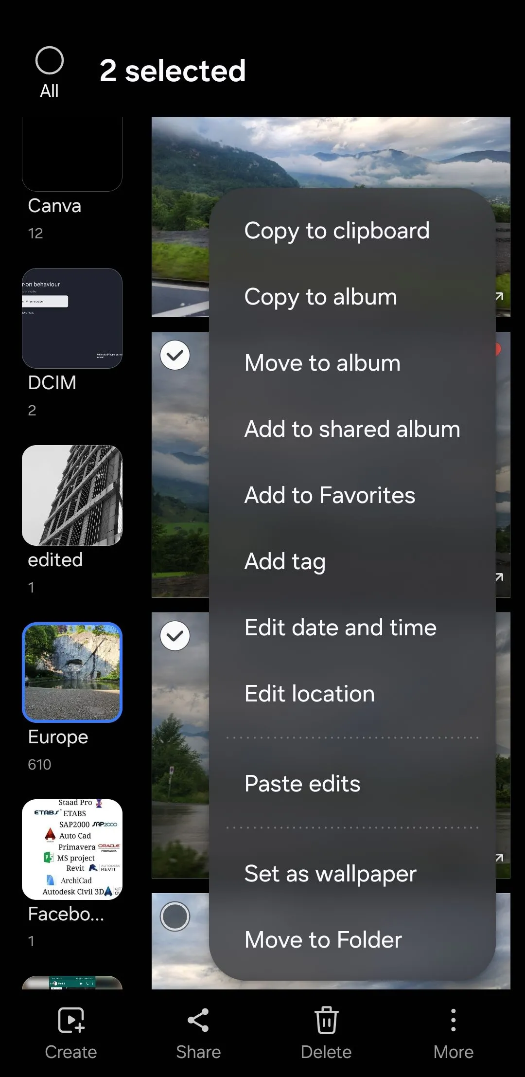 Tùy chọn &quot;Dán chỉnh sửa&quot; (Paste edits) trong ứng dụng Thư viện Gallery của Samsung.