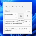 Tùy chọn "Dán dưới dạng văn bản" (Paste as text) được đánh dấu trong lịch sử Clipboard trên Windows 11, hiển thị cách dán nội dung không giữ định dạng gốc.