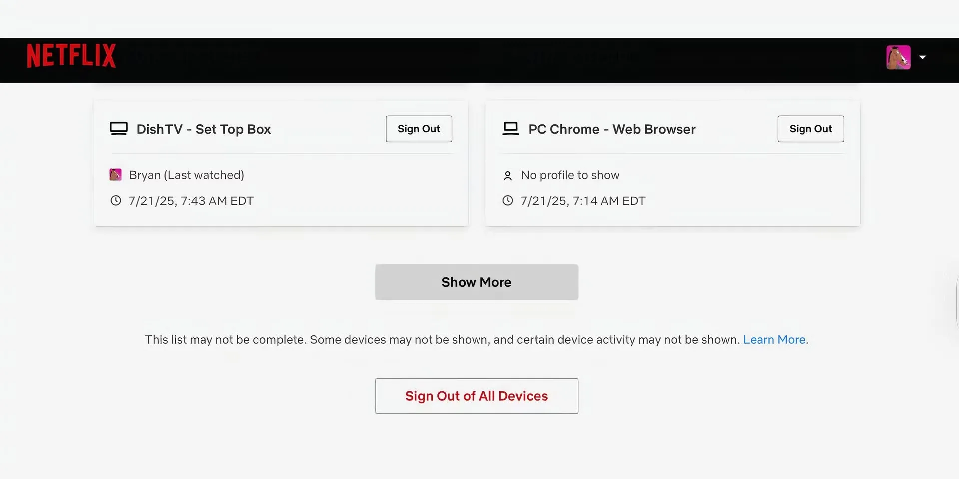 Tùy chọn &quot;Đăng xuất khỏi tất cả thiết bị&quot; trong cài đặt tài khoản Netflix để bảo vệ khi bị hack.
