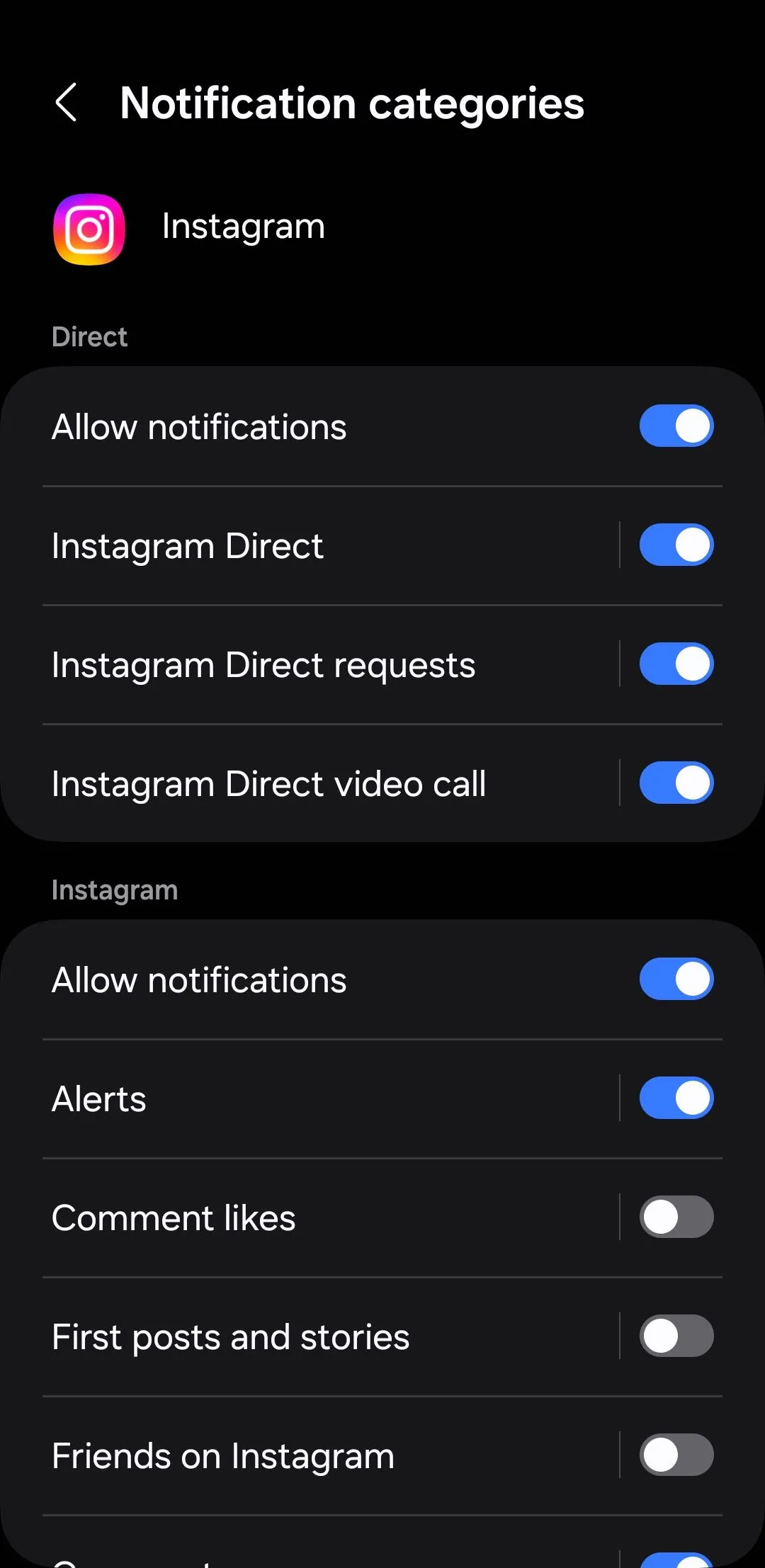 Tùy chọn danh mục thông báo Instagram trên Android để cá nhân hóa thông báo
