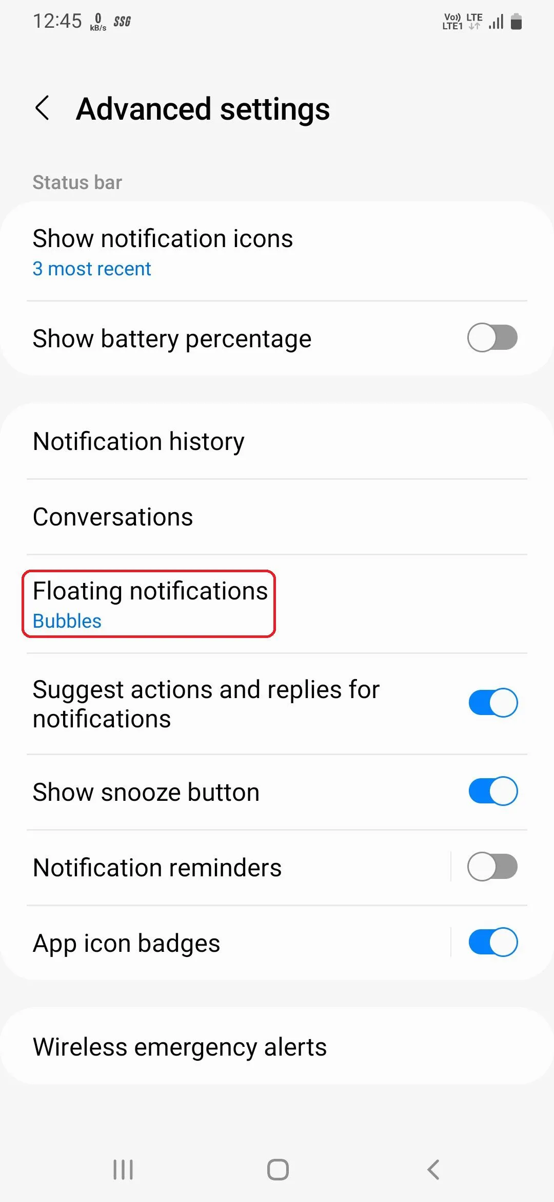 Tùy chọn để bật thông báo nổi trong cài đặt nâng cao của Samsung