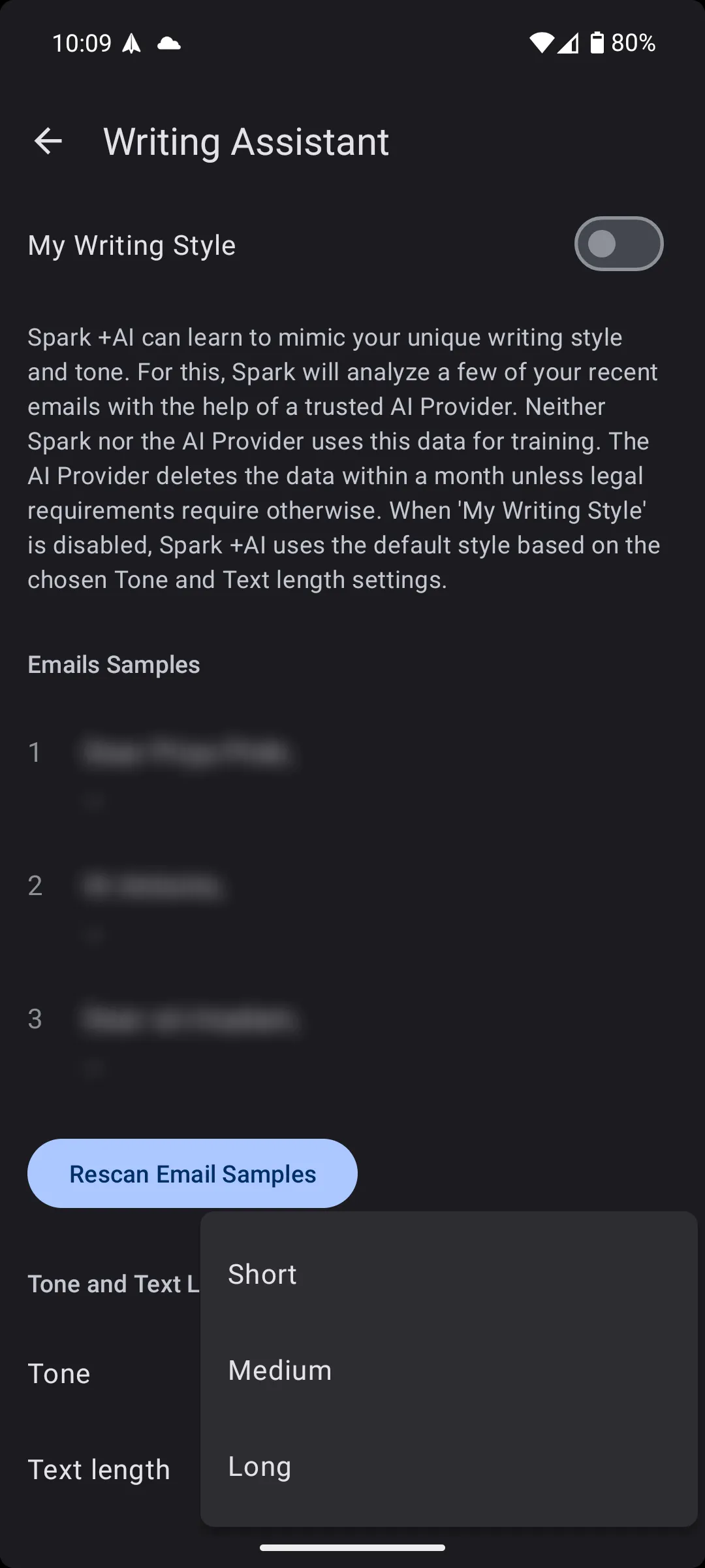 Tùy chọn điều chỉnh độ dài văn bản khi soạn email với tính năng +AI của Spark Mail