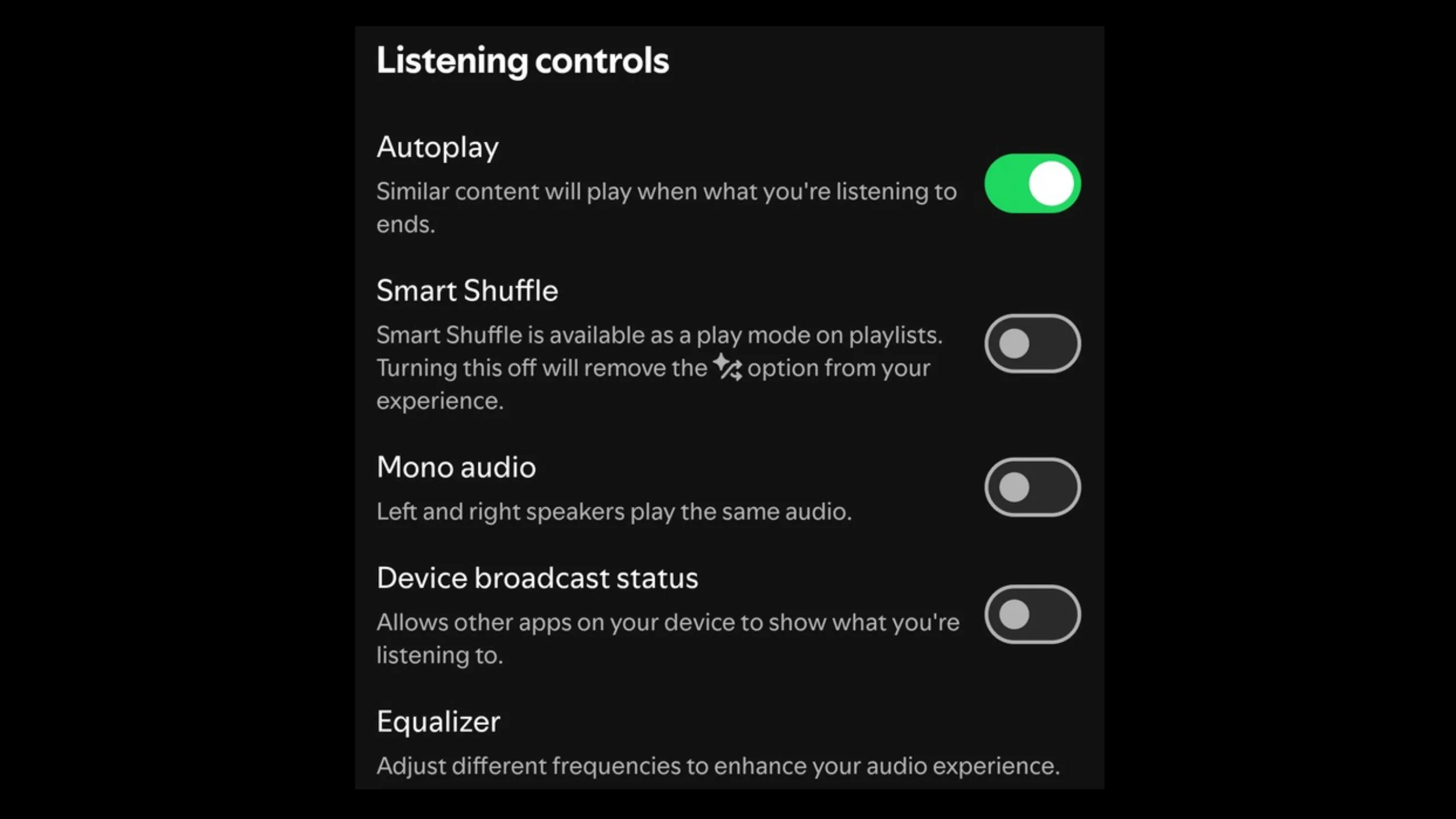 Tùy chọn Điều khiển nghe nhạc của Spotify bao gồm nút bật tắt Smart Shuffle