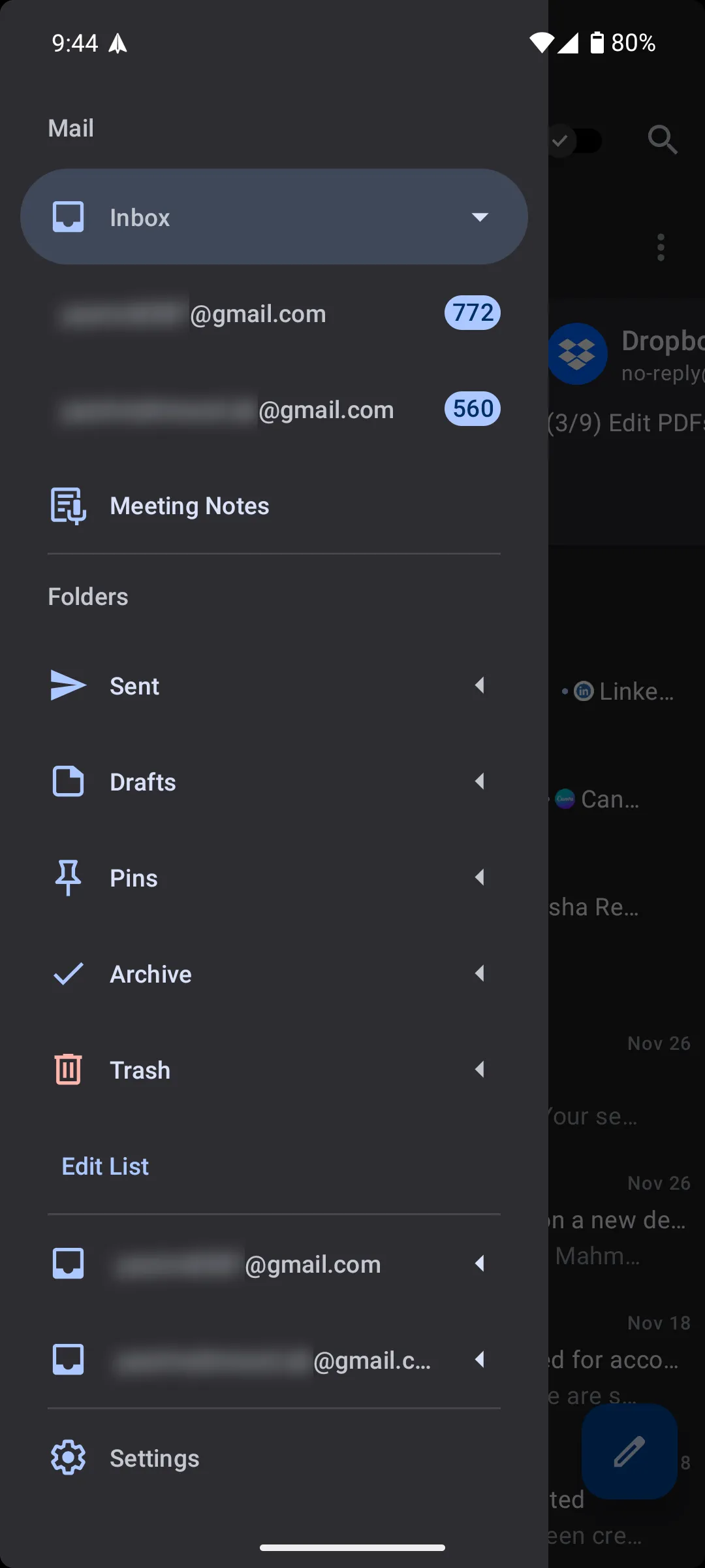 Tùy chọn ghi chú cuộc họp trong thanh điều hướng Spark Mail, cho phép truy cập nhanh các ghi chú từ bản desktop