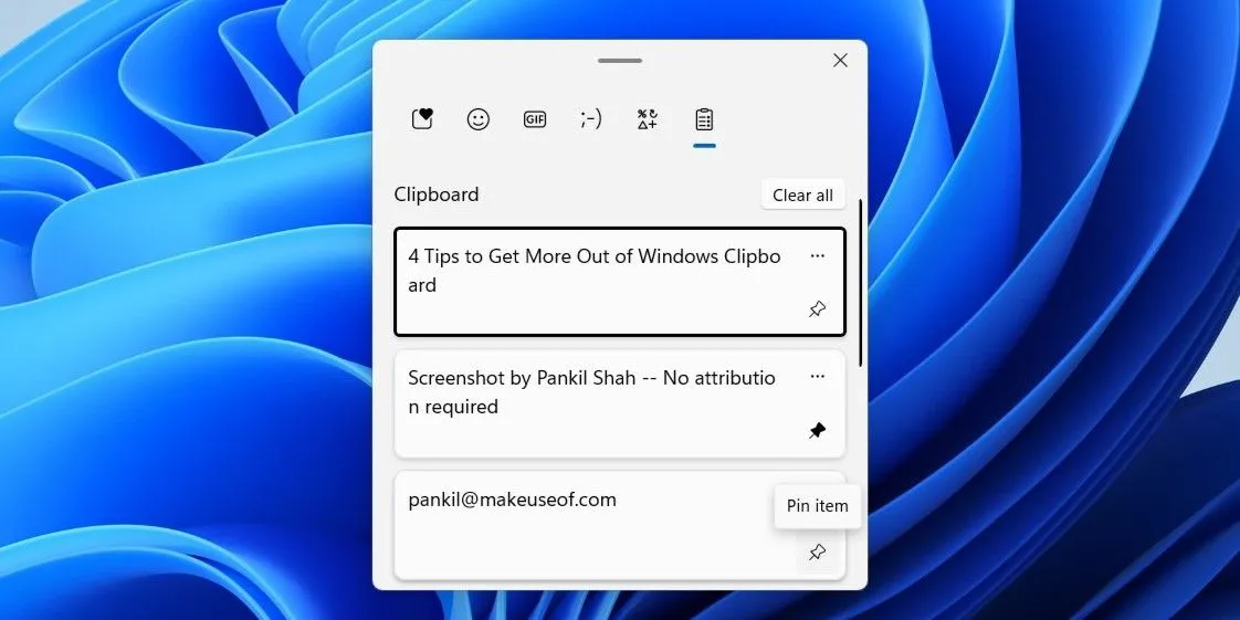 Tùy chọn ghim mục trong lịch sử bảng tạm (Clipboard History) của Windows 11