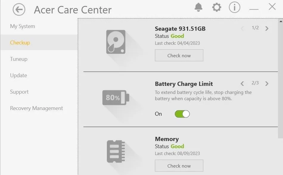 Tùy chọn Giới hạn sạc pin (Battery Charge Limit) trong ứng dụng Acer Care Center, giúp bảo vệ pin laptop Acer
