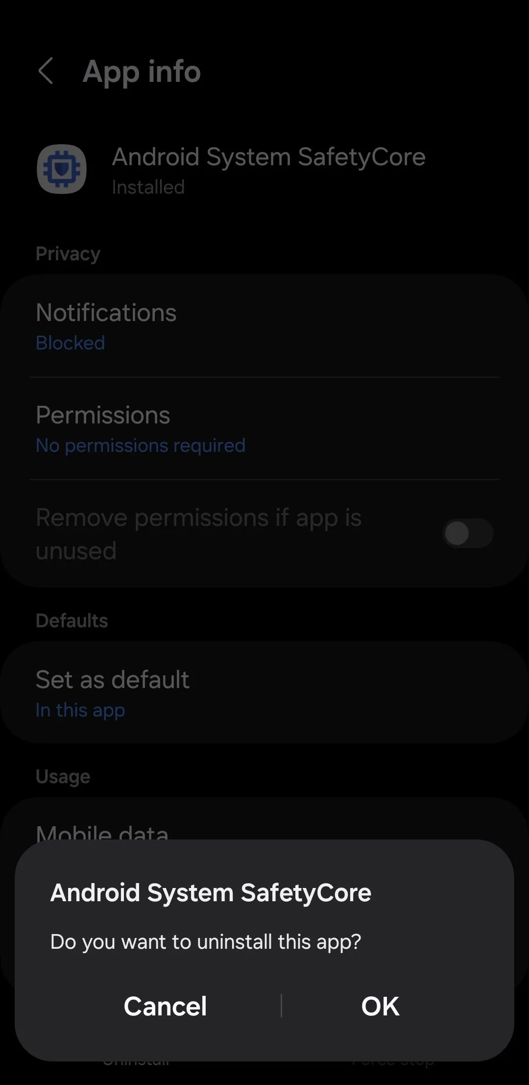 Tùy chọn gỡ cài đặt ứng dụng Android System SafetyCore trên điện thoại Android.