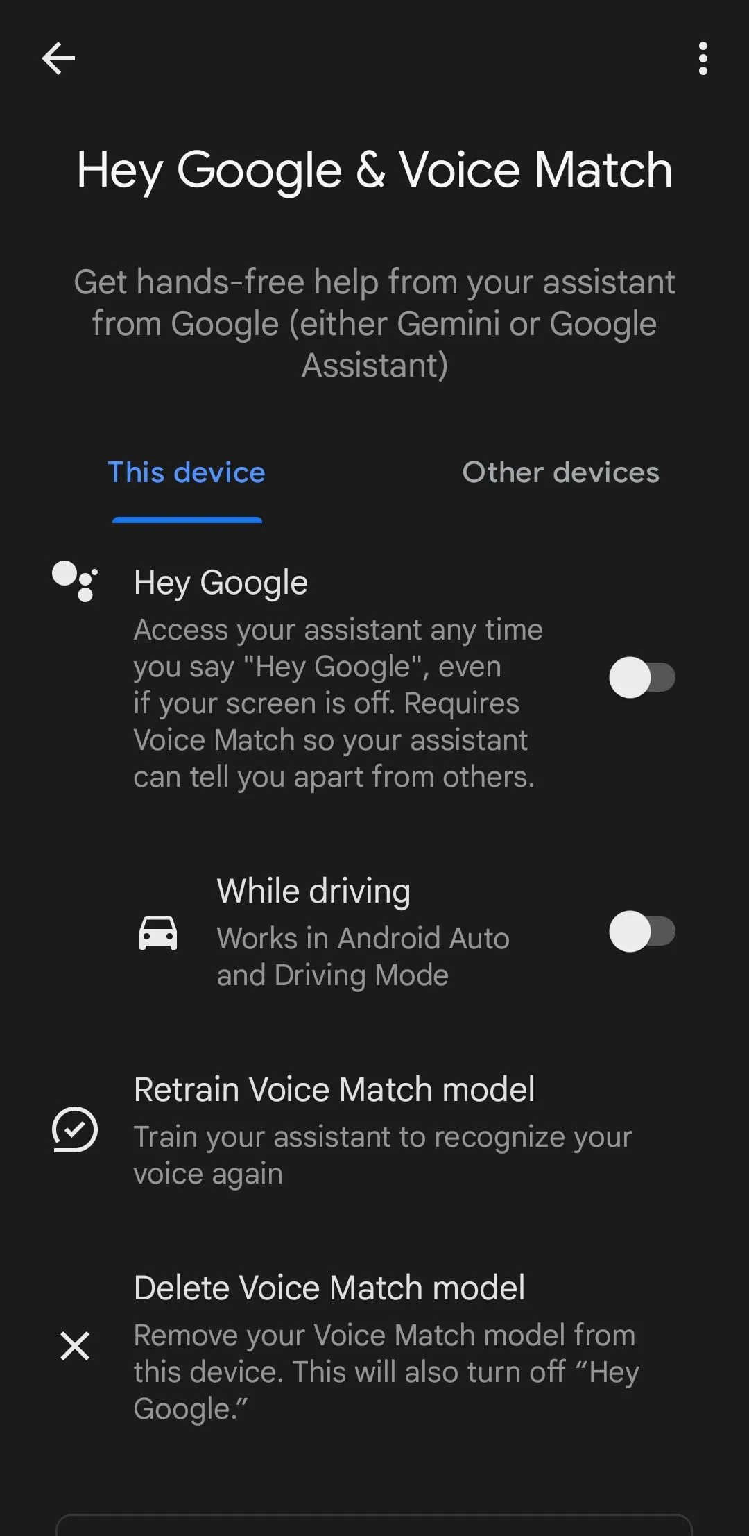 Tùy chọn Hey Google và Voice Match đã bị vô hiệu hóa trong cài đặt Trợ lý Google