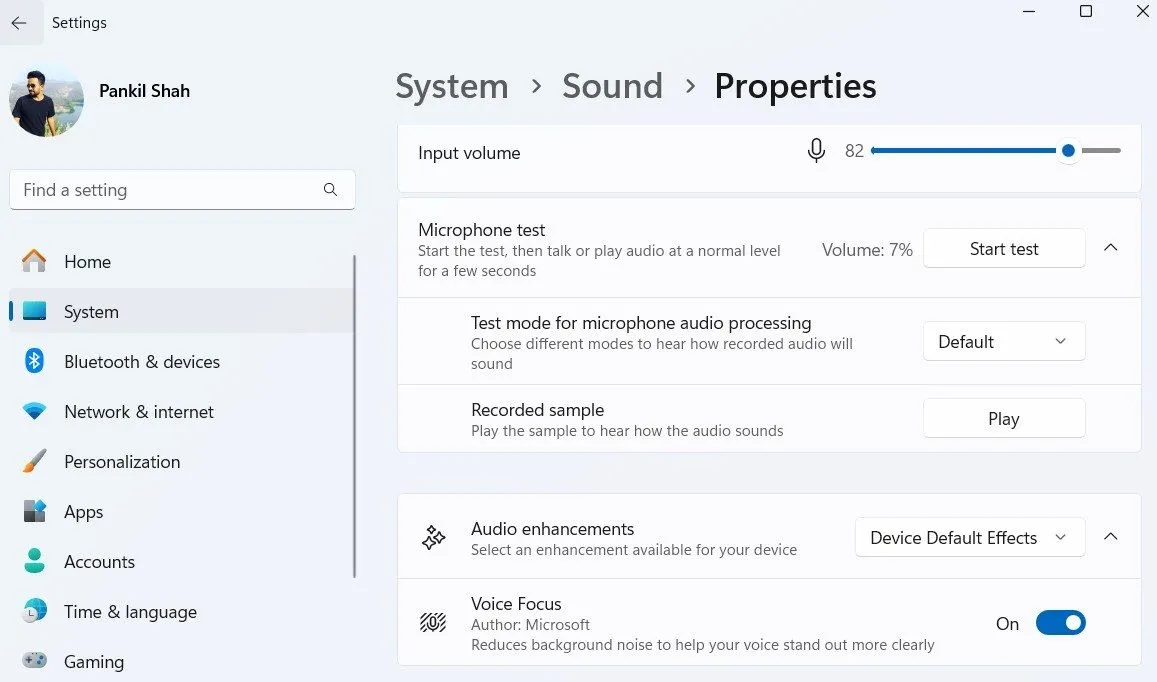 Tùy chọn kiểm tra microphone trong ứng dụng Cài đặt của Windows 11 để đảm bảo âm thanh rõ ràng